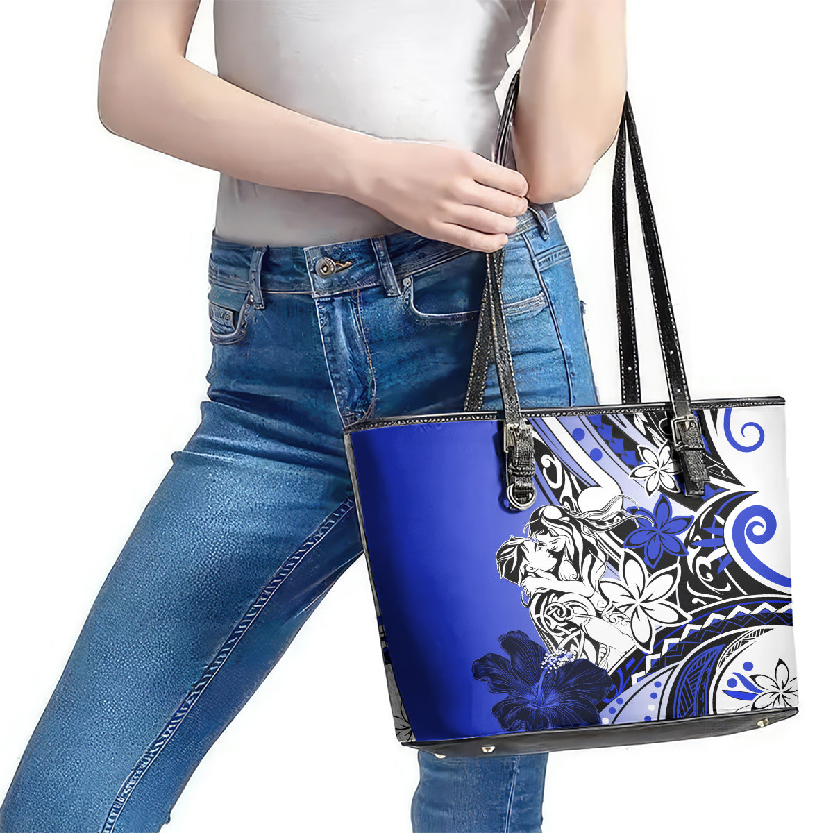 Polynesian Valentine Leather Tote Bag Couple Floral Unique Blue Version LT01 - Polynesian Pride