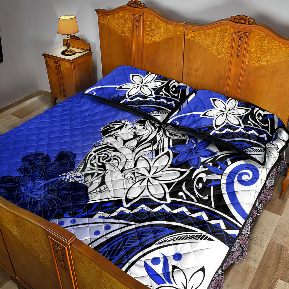 Polynesian Valentine Quilt Bed Set Couple Floral Unique Blue Version LT01 - Polynesian Pride