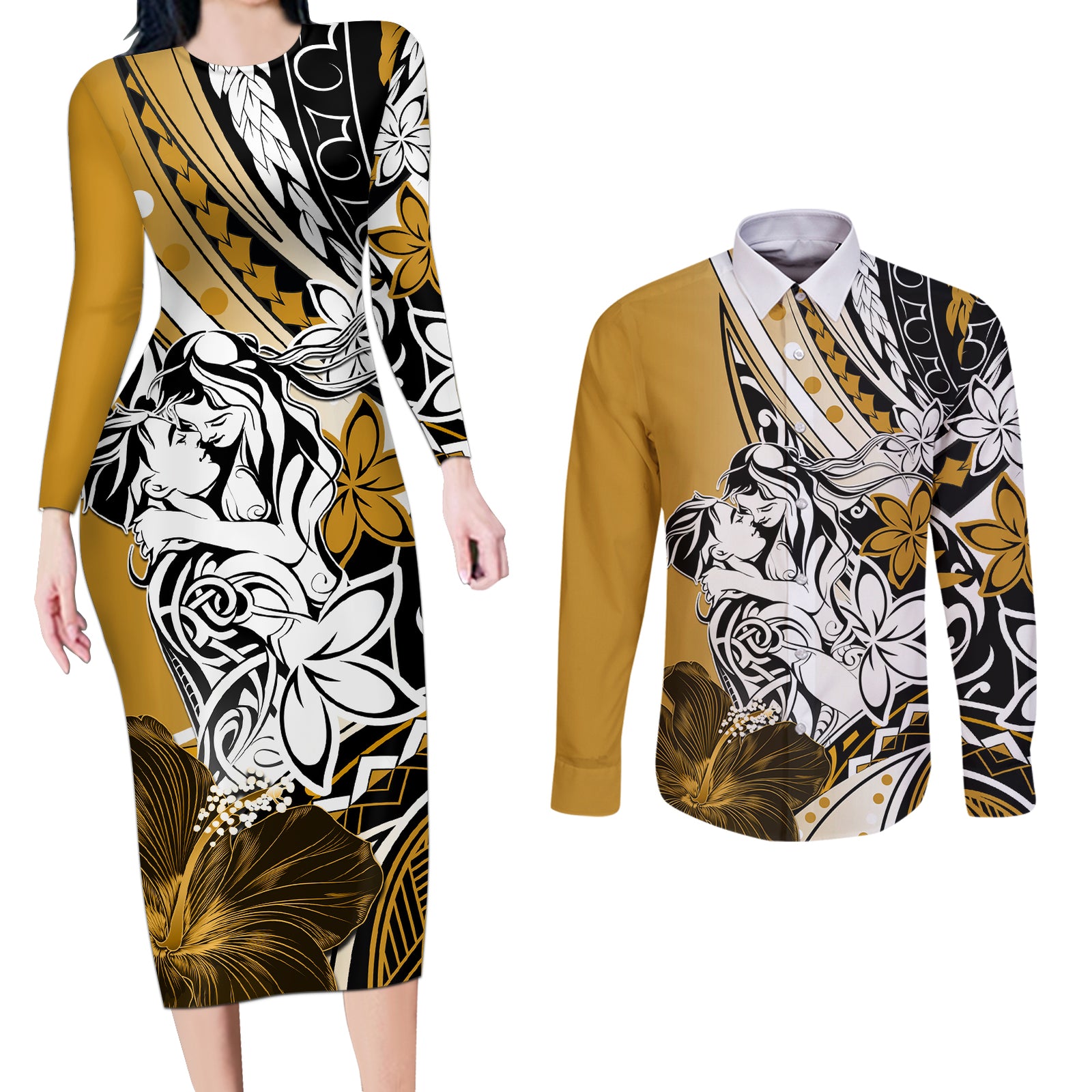 Polynesian Valentine Couples Matching Long Sleeve Bodycon Dress and Long Sleeve Button Shirt Couple Floral Unique Gold Version LT01 Gold - Polynesian Pride