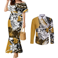 Polynesian Valentine Couples Matching Mermaid Dress and Long Sleeve Button Shirt Couple Floral Unique Gold Version LT01 Gold - Polynesian Pride