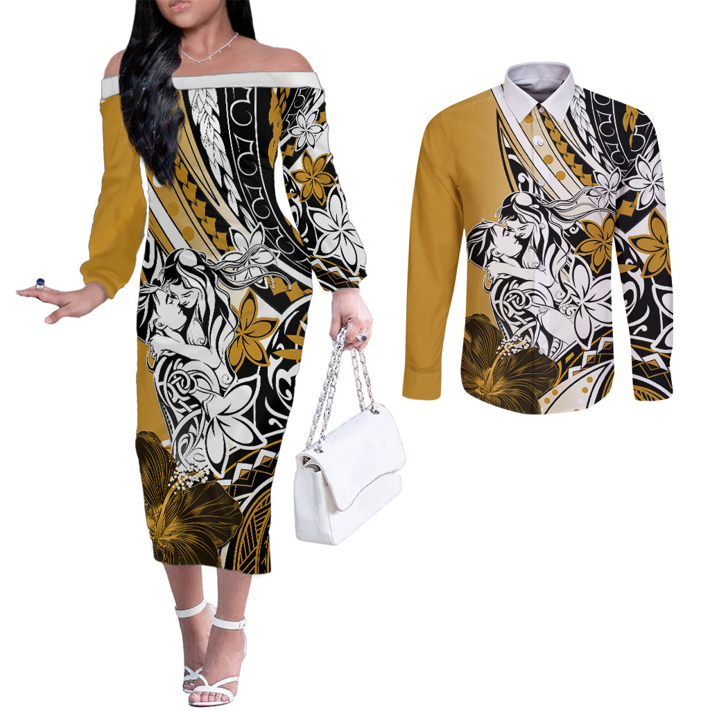 Polynesian Valentine Couples Matching Off The Shoulder Long Sleeve Dress and Long Sleeve Button Shirt Couple Floral Unique Gold Version LT01 Gold - Polynesian Pride