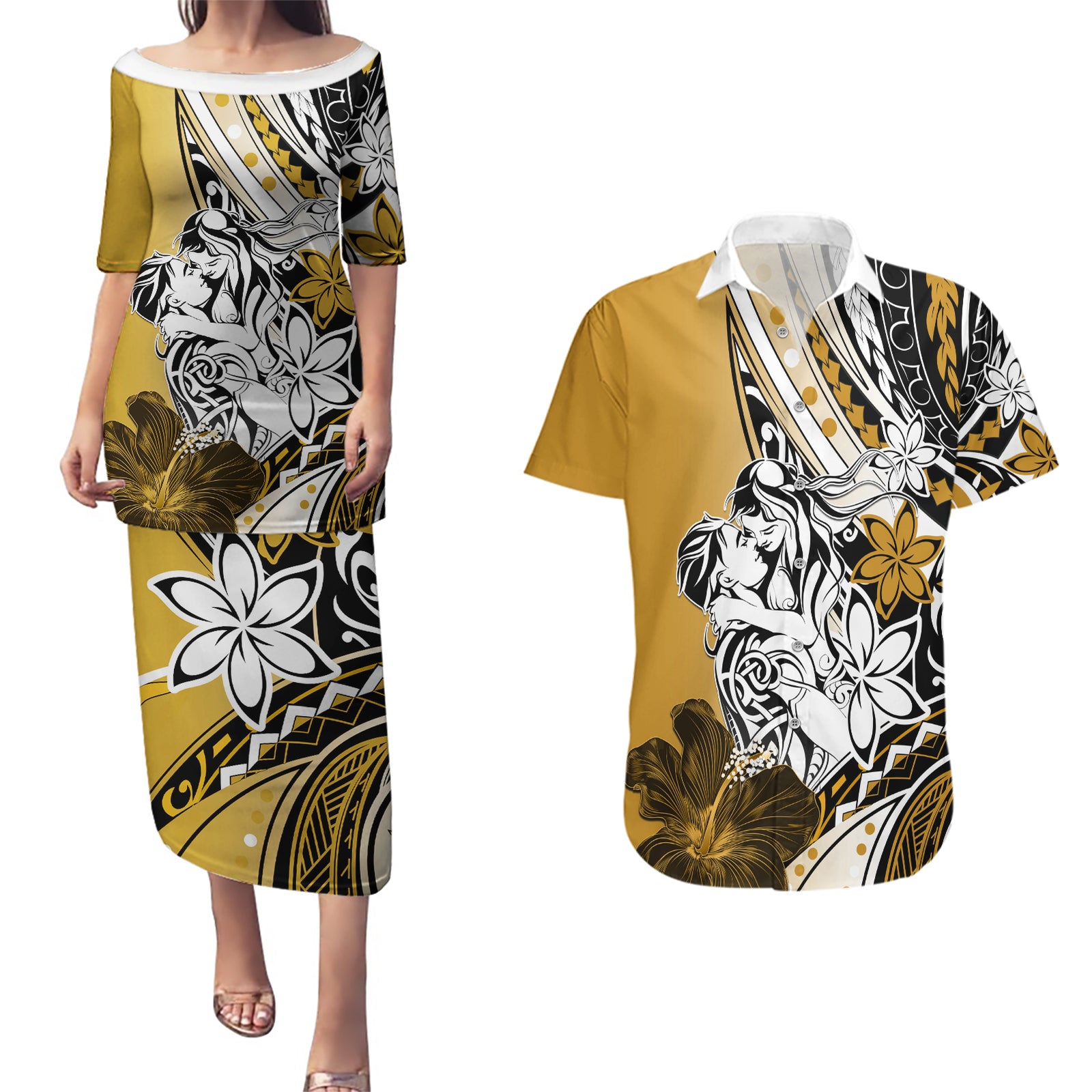 Polynesian Valentine Couples Matching Puletasi and Hawaiian Shirt Couple Floral Unique Gold Version LT01 Gold - Polynesian Pride