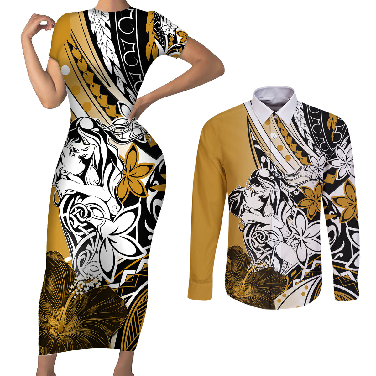 Polynesian Valentine Couples Matching Short Sleeve Bodycon Dress and Long Sleeve Button Shirt Couple Floral Unique Gold Version LT01 Gold - Polynesian Pride
