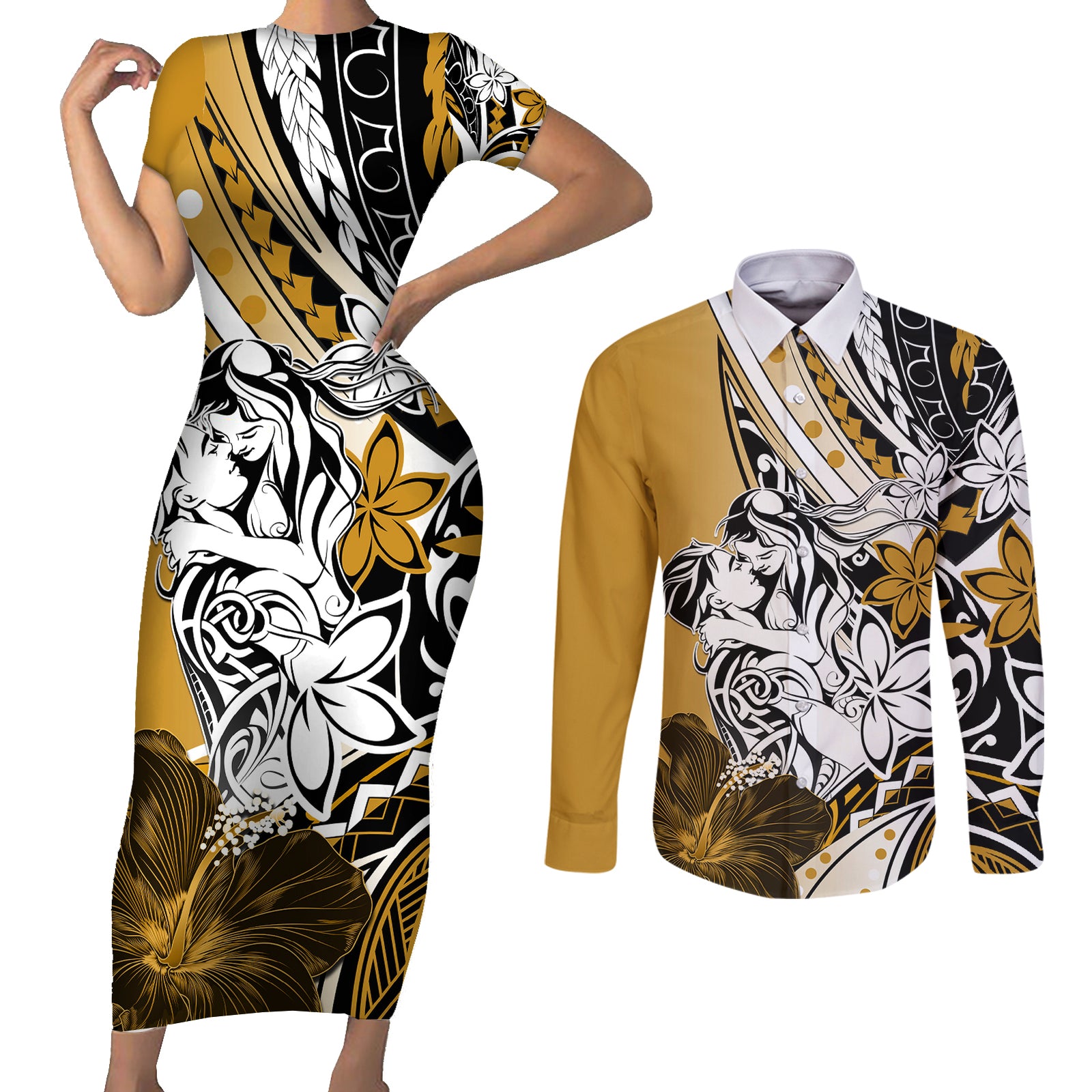 Polynesian Valentine Couples Matching Short Sleeve Bodycon Dress and Long Sleeve Button Shirt Couple Floral Unique Gold Version LT01 Gold - Polynesian Pride