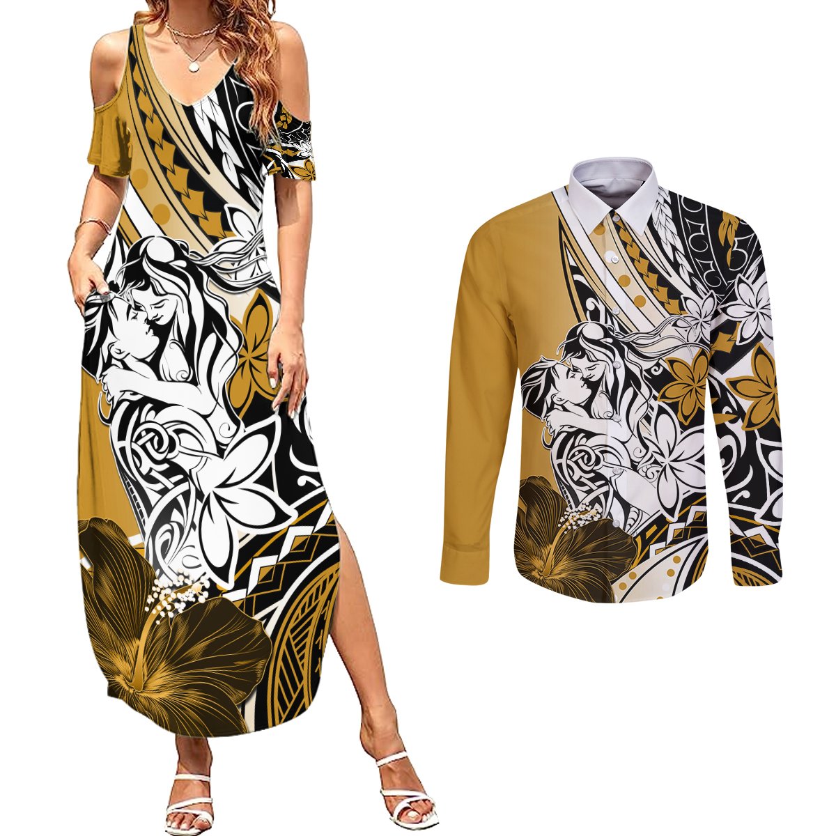 Polynesian Valentine Couples Matching Summer Maxi Dress and Long Sleeve Button Shirt Couple Floral Unique Gold Version LT01 Gold - Polynesian Pride