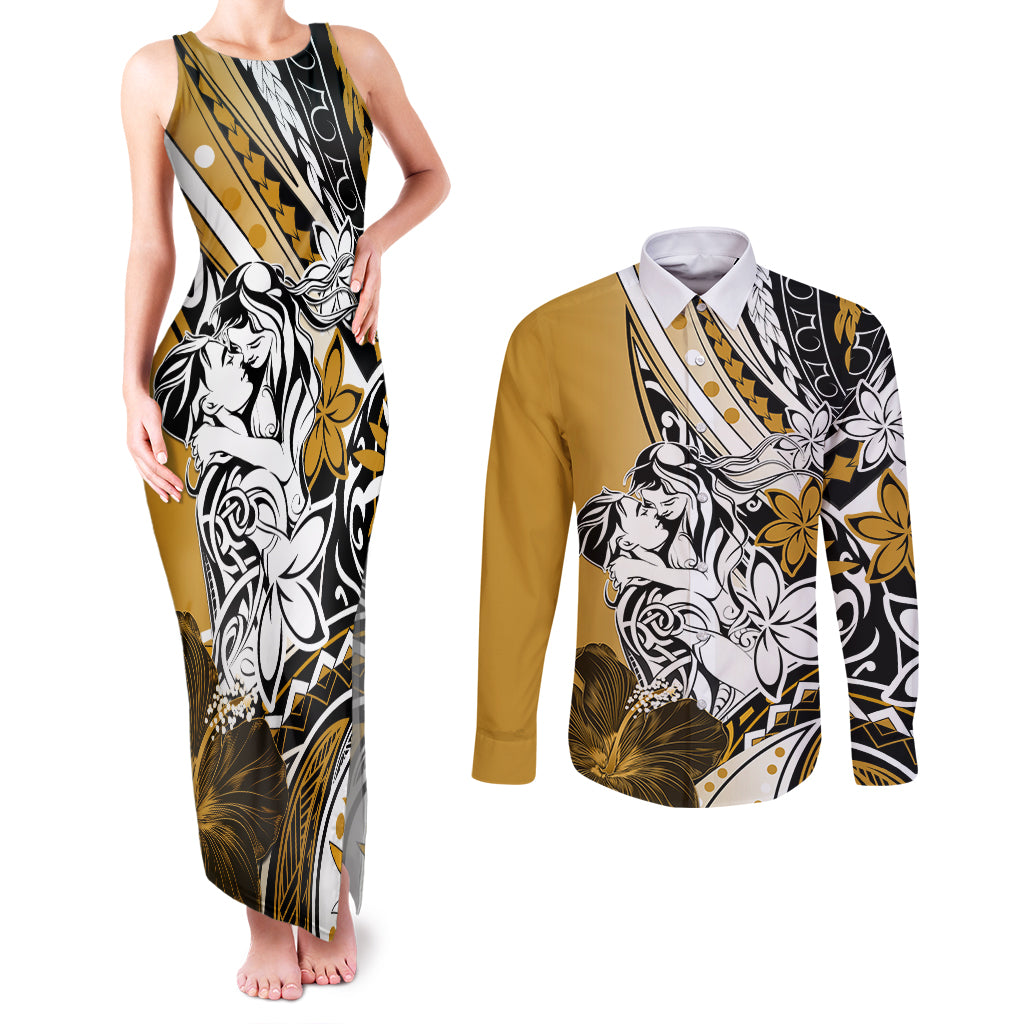 Polynesian Valentine Couples Matching Tank Maxi Dress and Long Sleeve Button Shirt Couple Floral Unique Gold Version LT01 Gold - Polynesian Pride