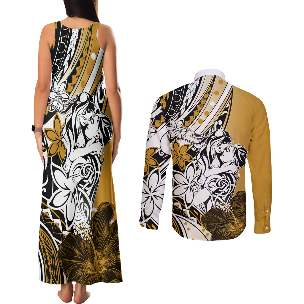 Polynesian Valentine Couples Matching Tank Maxi Dress and Long Sleeve Button Shirt Couple Floral Unique Gold Version LT01 - Polynesian Pride