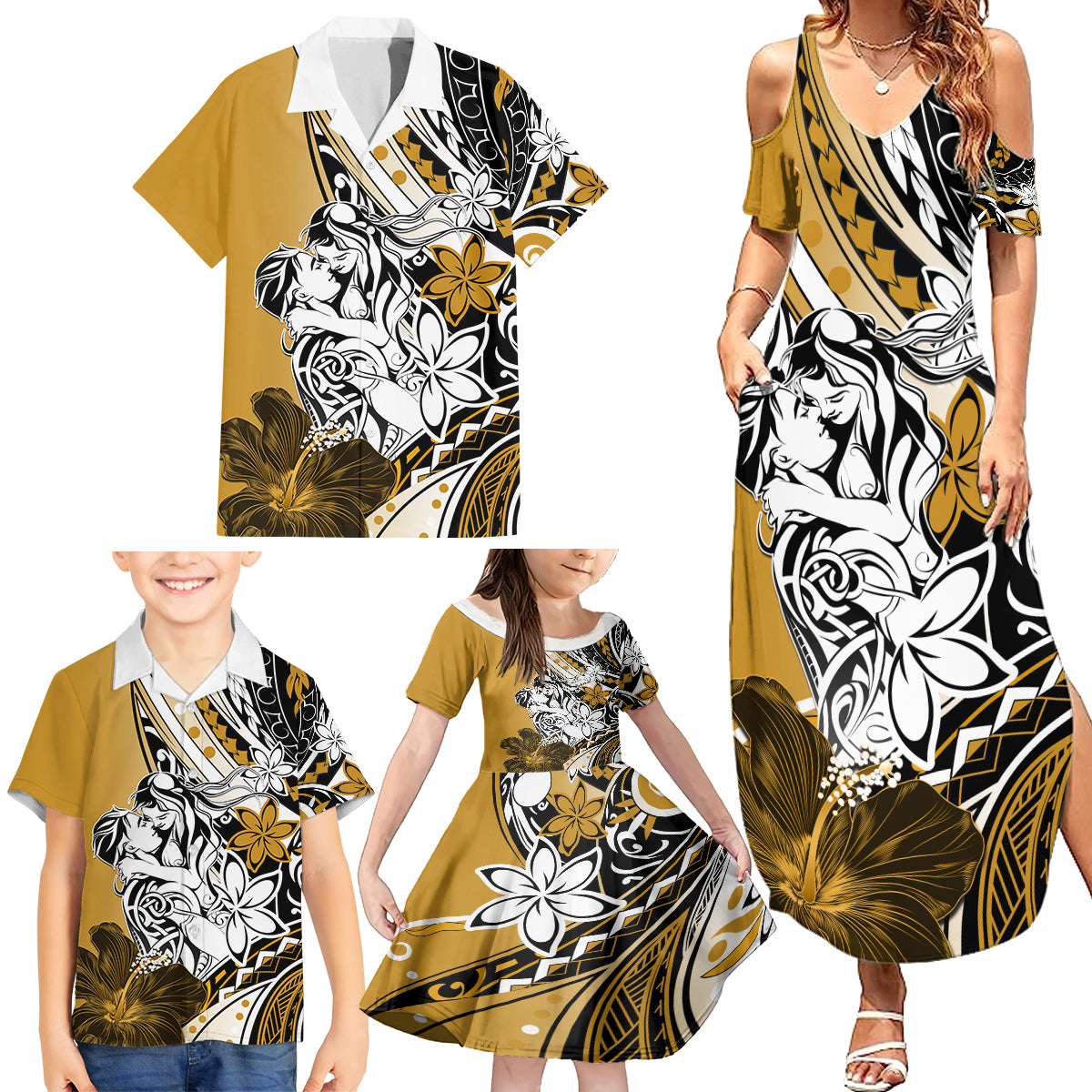 Polynesian Valentine Family Matching Summer Maxi Dress and Hawaiian Shirt Couple Floral Unique Gold Version LT01 - Polynesian Pride