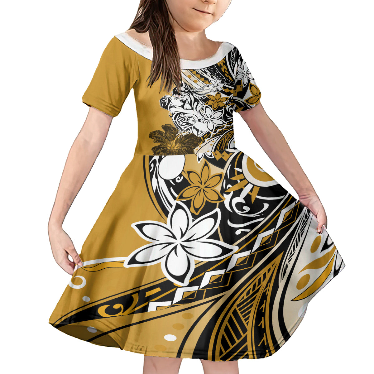 Polynesian Valentine Family Matching Tank Maxi Dress and Hawaiian Shirt Couple Floral Unique Gold Version LT01 Daughter's Dress Gold - Polynesian Pride