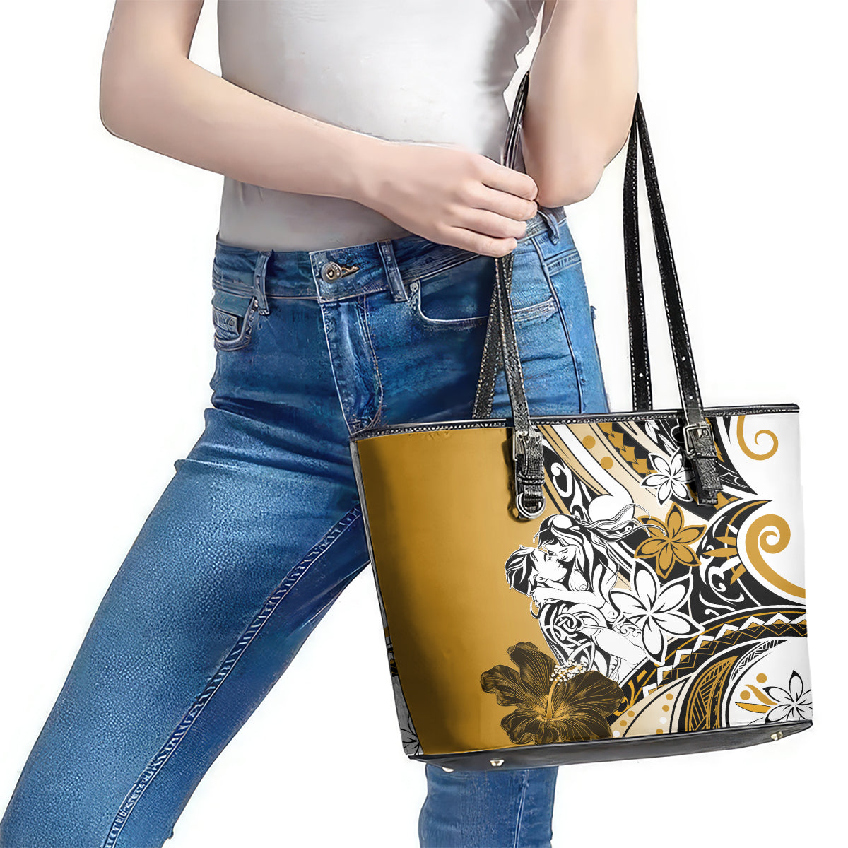 Polynesian Valentine Leather Tote Bag Couple Floral Unique Gold Version LT01 - Polynesian Pride
