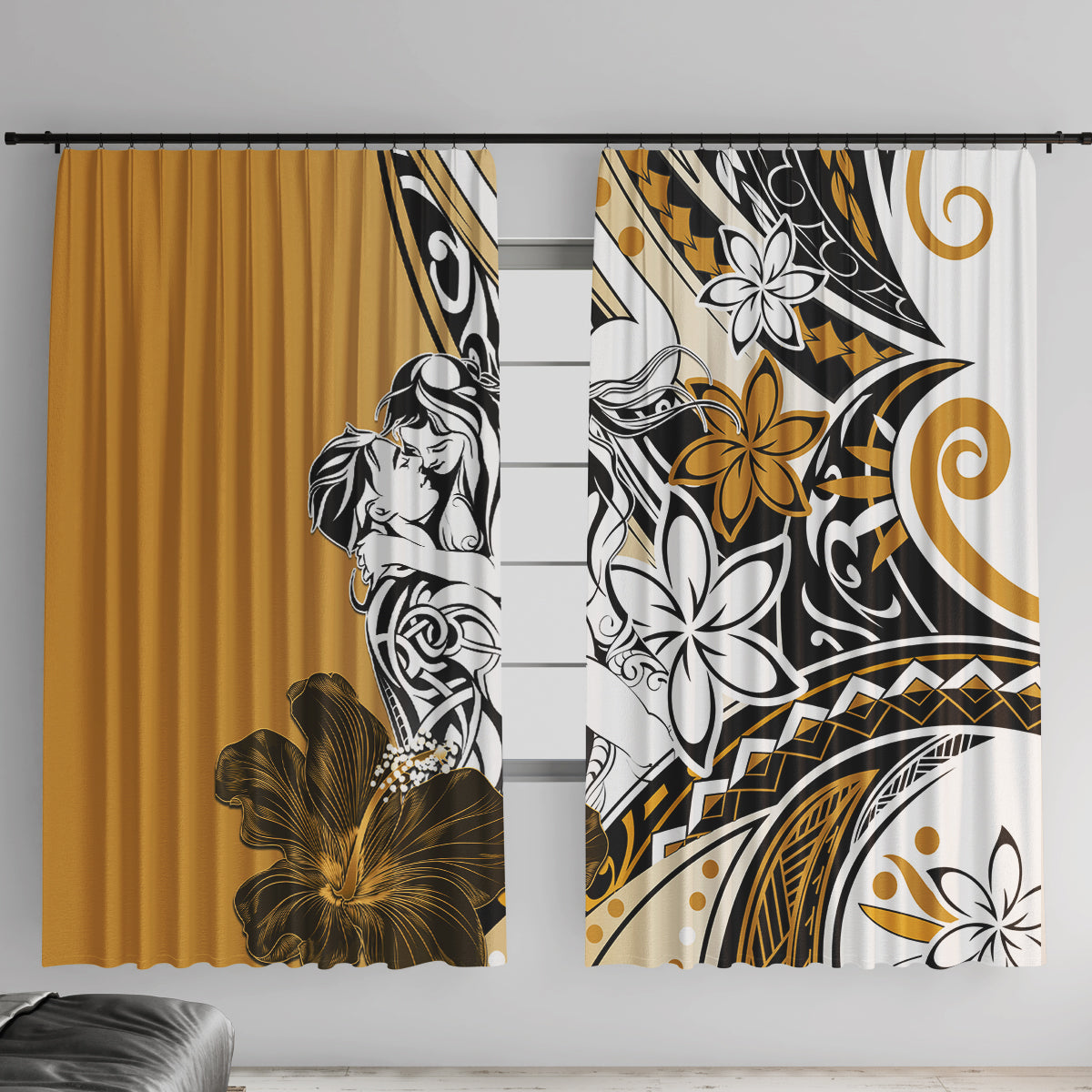 Polynesian Valentine Window Curtain Couple Floral Unique Gold Version LT01 With Hooks Gold - Polynesian Pride