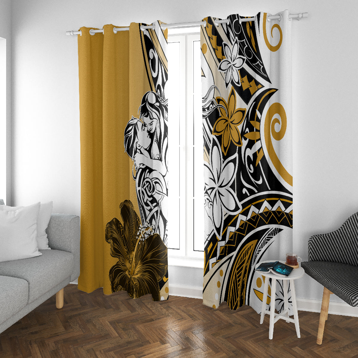 Polynesian Valentine Window Curtain Couple Floral Unique Gold Version LT01 With Grommets Gold - Polynesian Pride