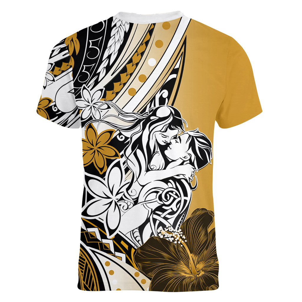 Polynesian Valentine Women V Neck T Shirt Couple Floral Unique Gold Version LT01 - Polynesian Pride