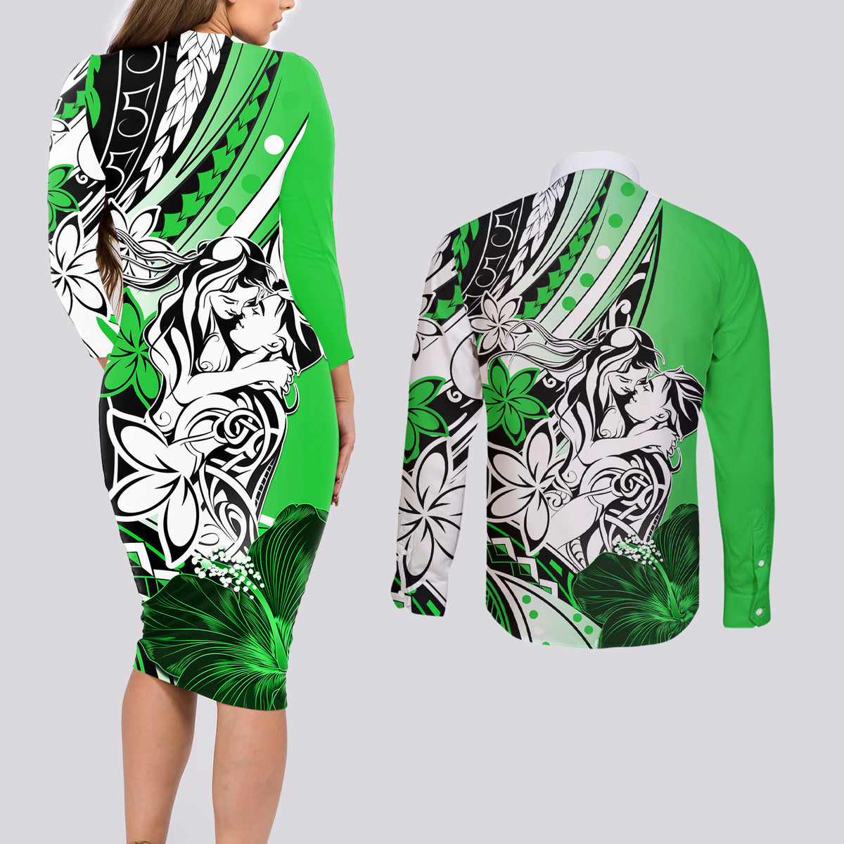 Polynesian Valentine Couples Matching Long Sleeve Bodycon Dress and Long Sleeve Button Shirt Couple Floral Unique Green Version LT01 - Polynesian Pride