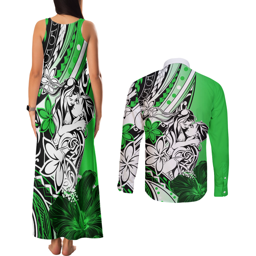 Polynesian Valentine Couples Matching Tank Maxi Dress and Long Sleeve Button Shirt Couple Floral Unique Green Version LT01 - Polynesian Pride