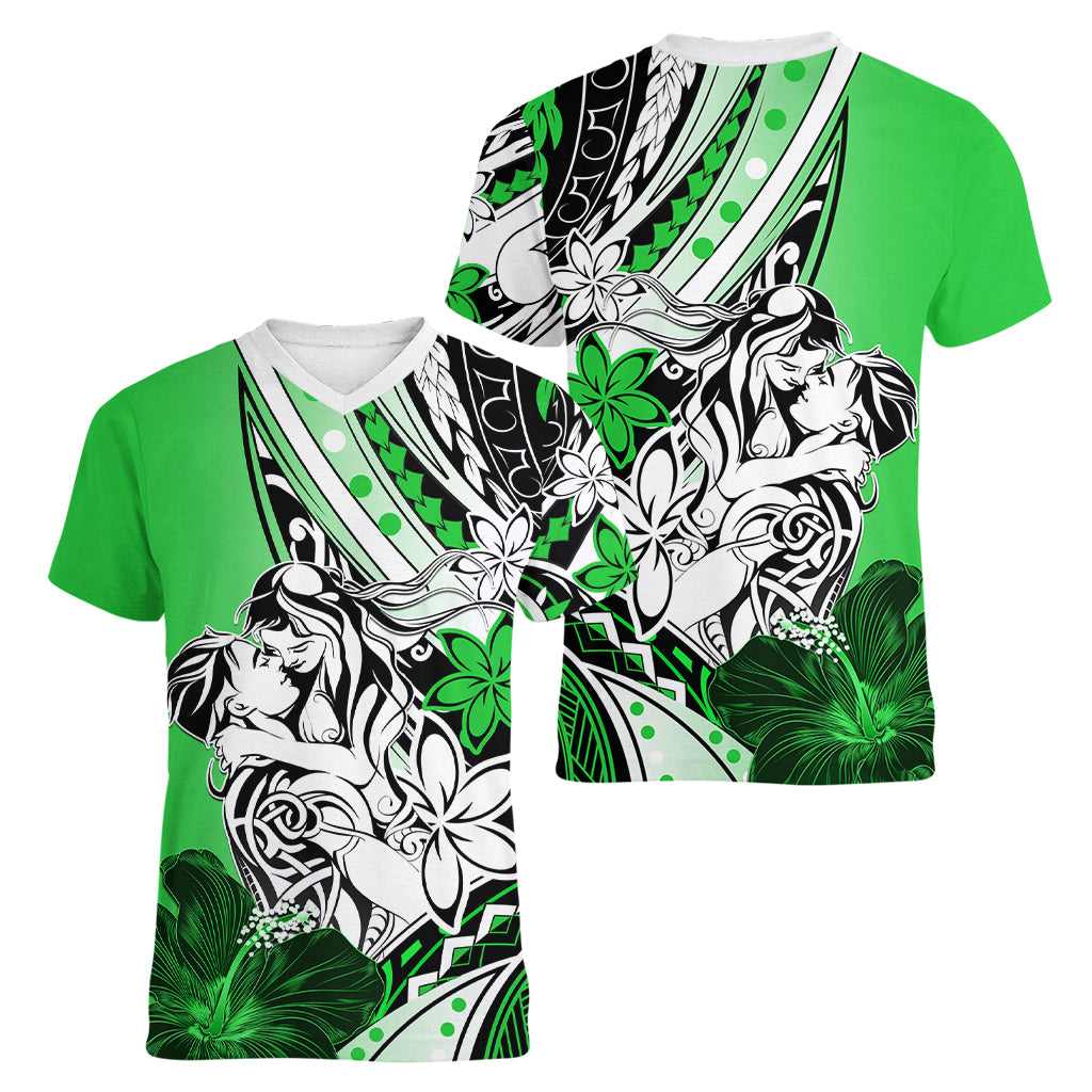 Polynesian Valentine Women V Neck T Shirt Couple Floral Unique Green Version LT01 - Polynesian Pride
