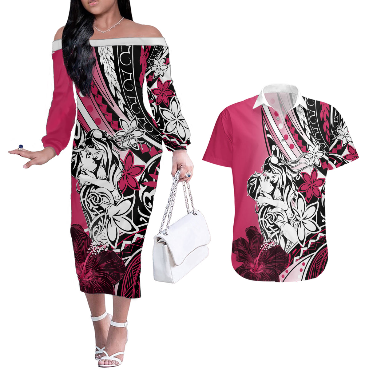 Polynesian Valentine Couples Matching Off The Shoulder Long Sleeve Dress and Hawaiian Shirt Couple Floral Unique Pink Version LT01 Pink - Polynesian Pride