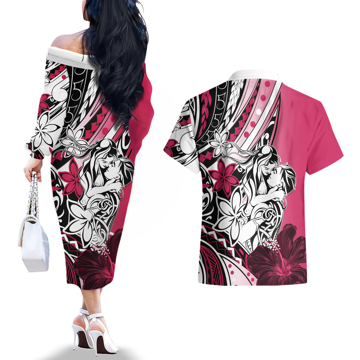 Polynesian Valentine Couples Matching Off The Shoulder Long Sleeve Dress and Hawaiian Shirt Couple Floral Unique Pink Version LT01 - Polynesian Pride