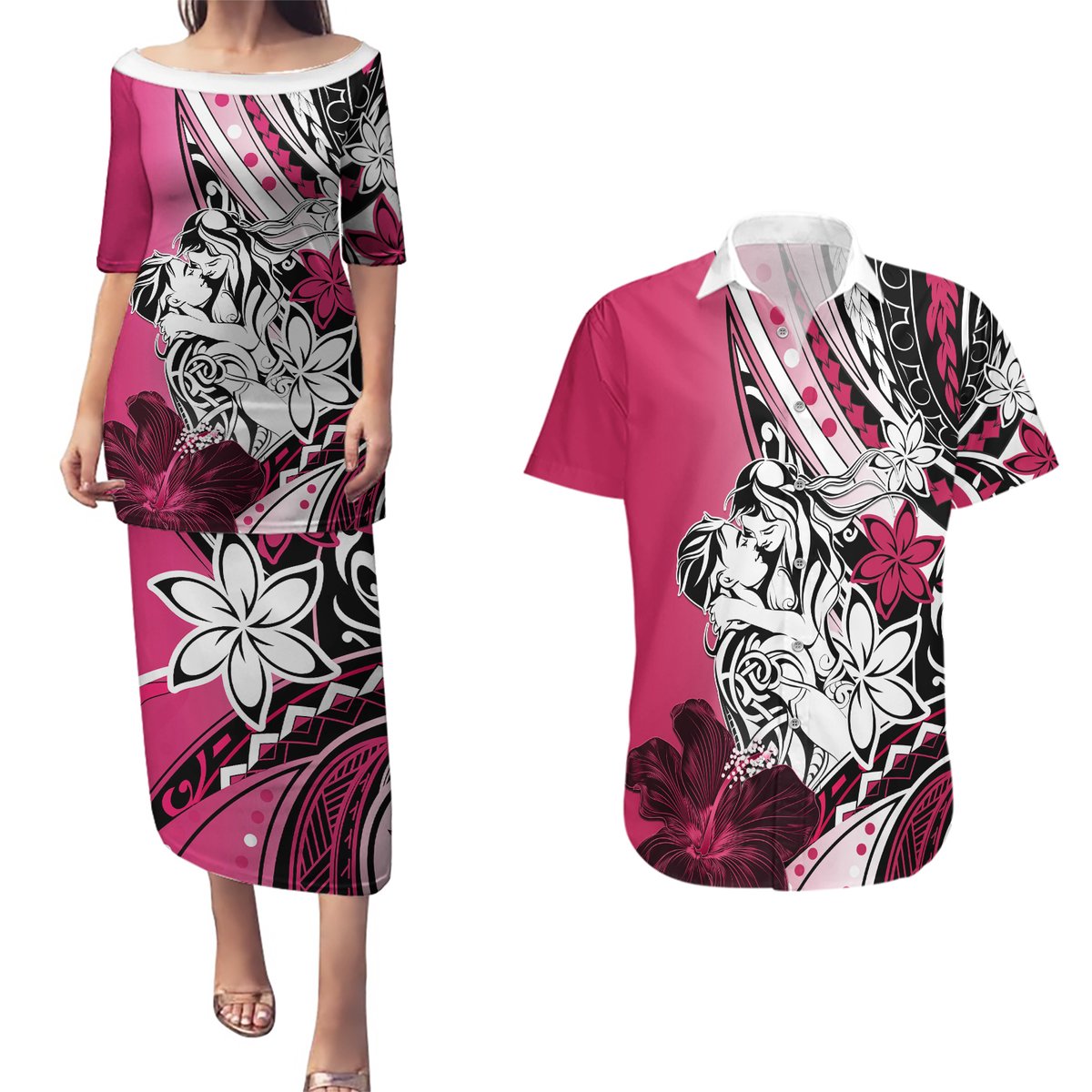Polynesian Valentine Couples Matching Puletasi and Hawaiian Shirt Couple Floral Unique Pink Version LT01 Pink - Polynesian Pride