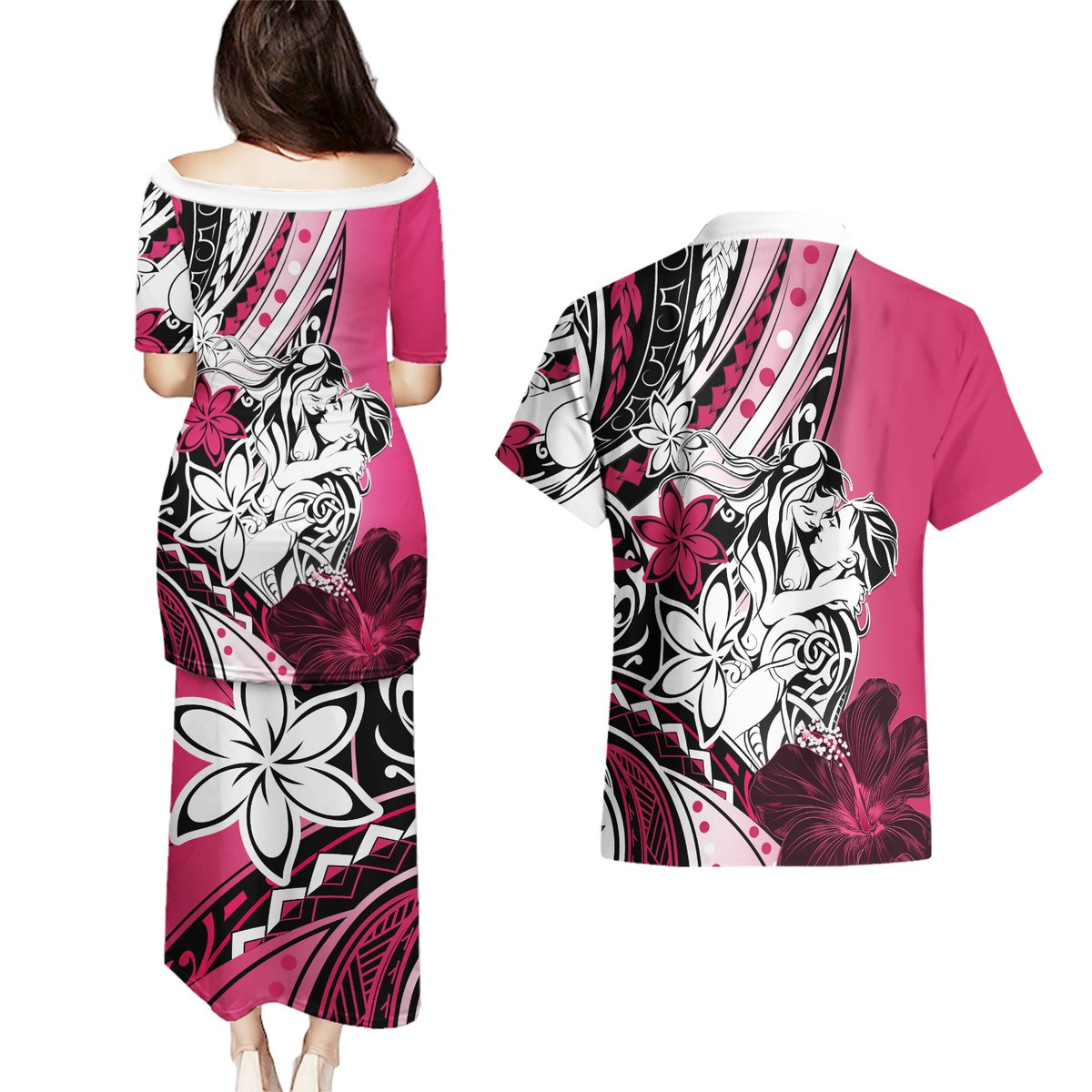 Polynesian Valentine Couples Matching Puletasi and Hawaiian Shirt Couple Floral Unique Pink Version LT01 - Polynesian Pride