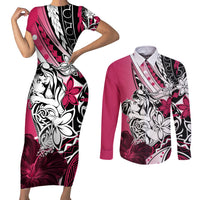 Polynesian Valentine Couples Matching Short Sleeve Bodycon Dress and Long Sleeve Button Shirt Couple Floral Unique Pink Version LT01 Pink - Polynesian Pride