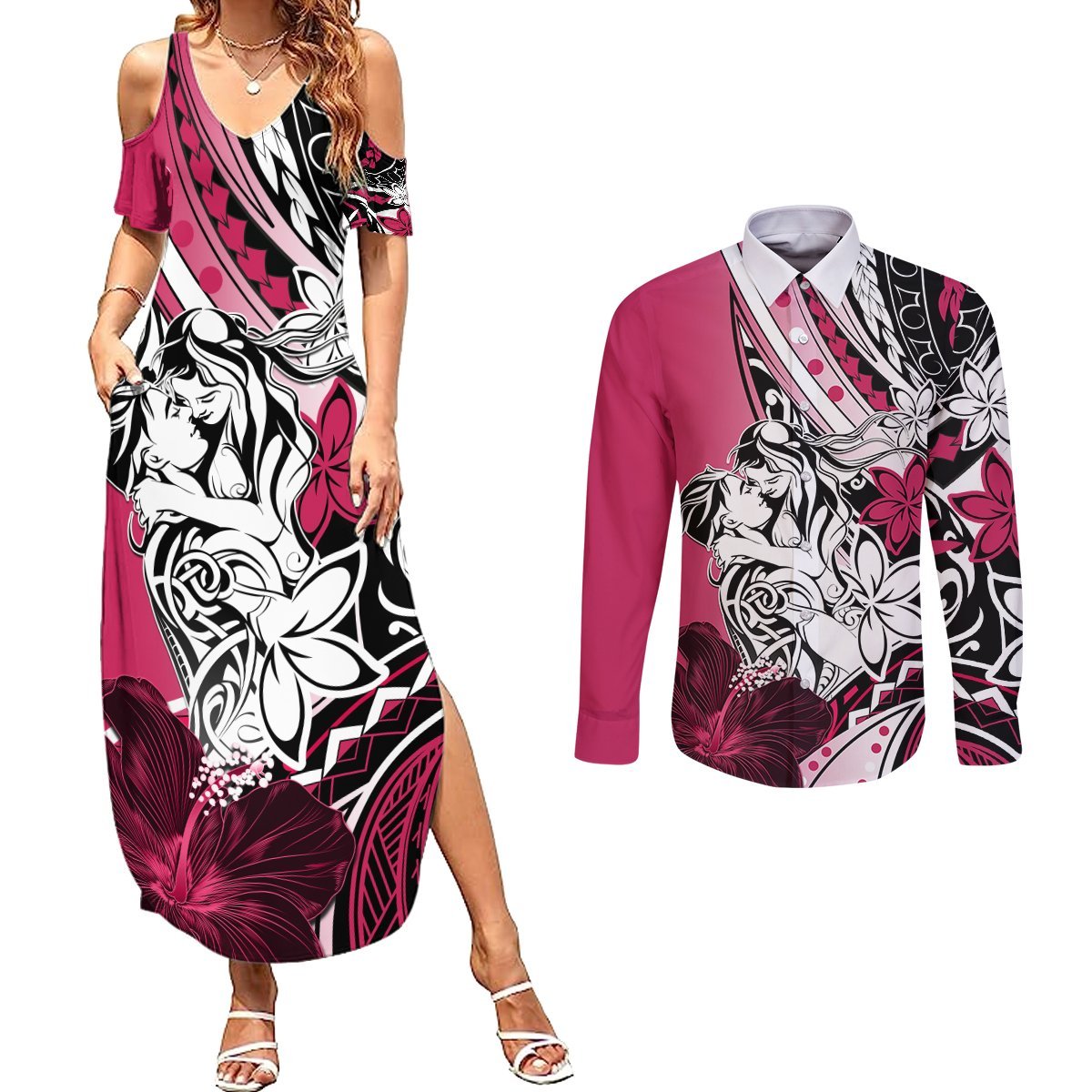 Polynesian Valentine Couples Matching Summer Maxi Dress and Long Sleeve Button Shirt Couple Floral Unique Pink Version LT01 Pink - Polynesian Pride