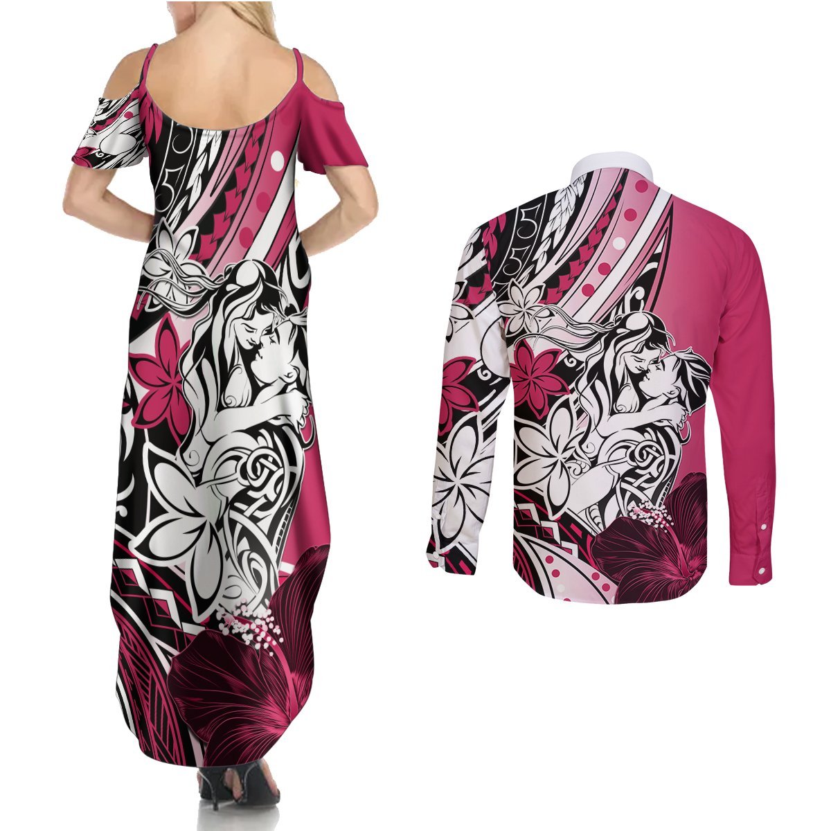 Polynesian Valentine Couples Matching Summer Maxi Dress and Long Sleeve Button Shirt Couple Floral Unique Pink Version LT01 - Polynesian Pride