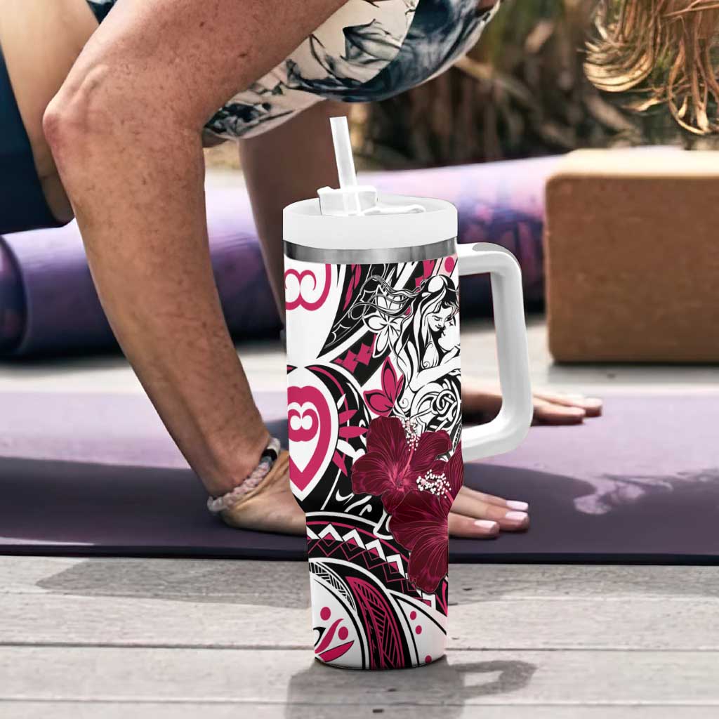 Polynesian Valentine Tumbler With Handle Couple Floral Unique Pink Version