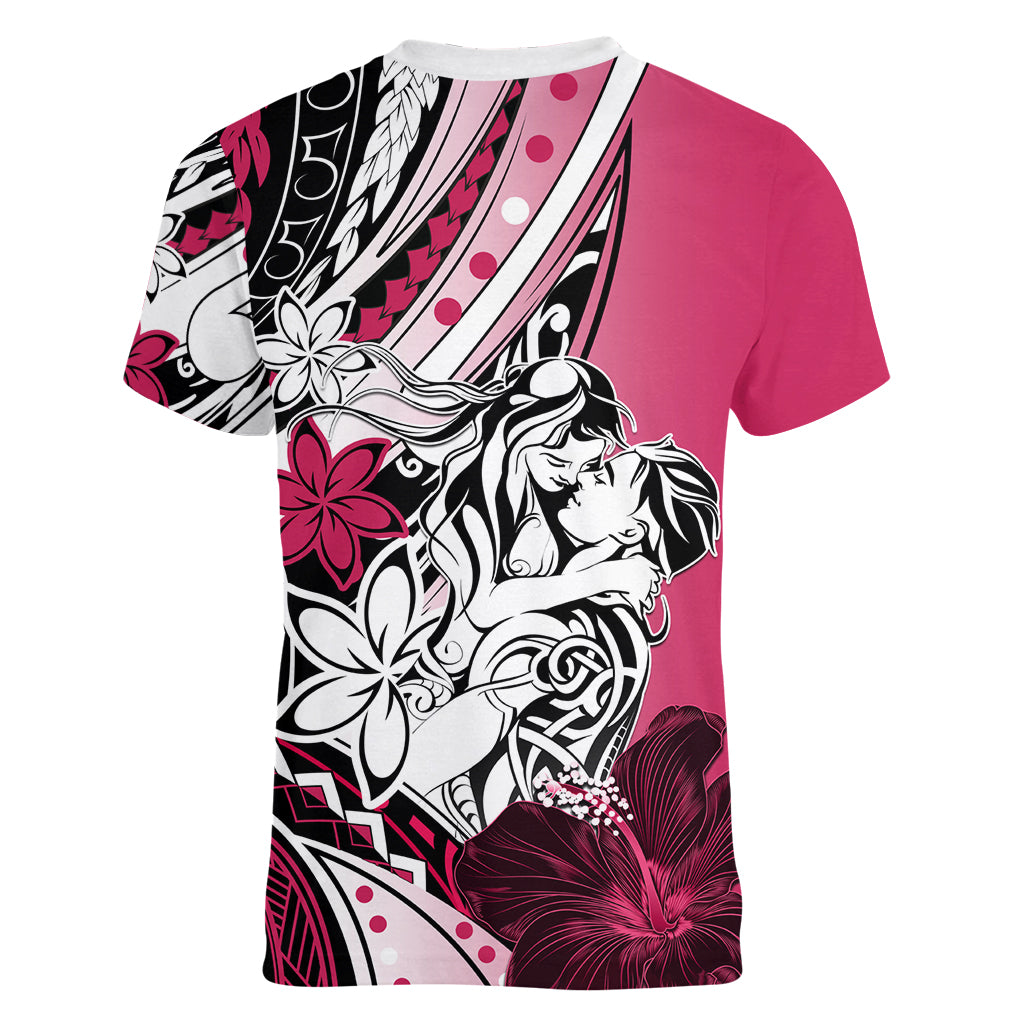 Polynesian Valentine Women V Neck T Shirt Couple Floral Unique Pink Version LT01 - Polynesian Pride