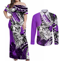 Polynesian Valentine Couples Matching Off Shoulder Maxi Dress and Long Sleeve Button Shirt Couple Floral Unique Purple Version LT01 Purple - Polynesian Pride