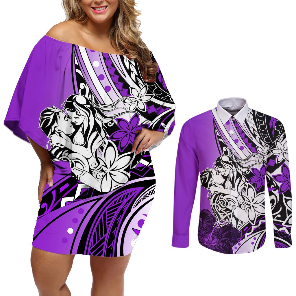 Polynesian Valentine Couples Matching Off Shoulder Short Dress and Long Sleeve Button Shirt Couple Floral Unique Purple Version LT01 Purple - Polynesian Pride