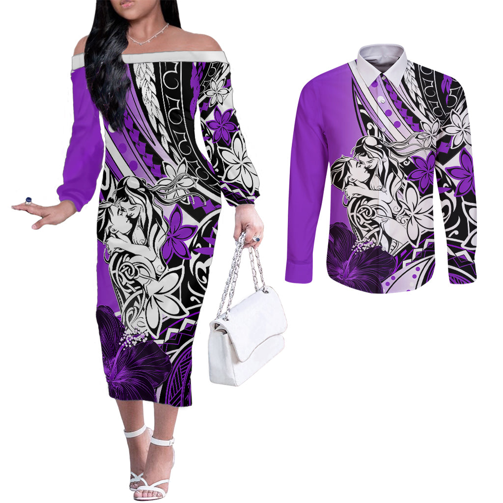 Polynesian Valentine Couples Matching Off The Shoulder Long Sleeve Dress and Long Sleeve Button Shirt Couple Floral Unique Purple Version LT01 Purple - Polynesian Pride
