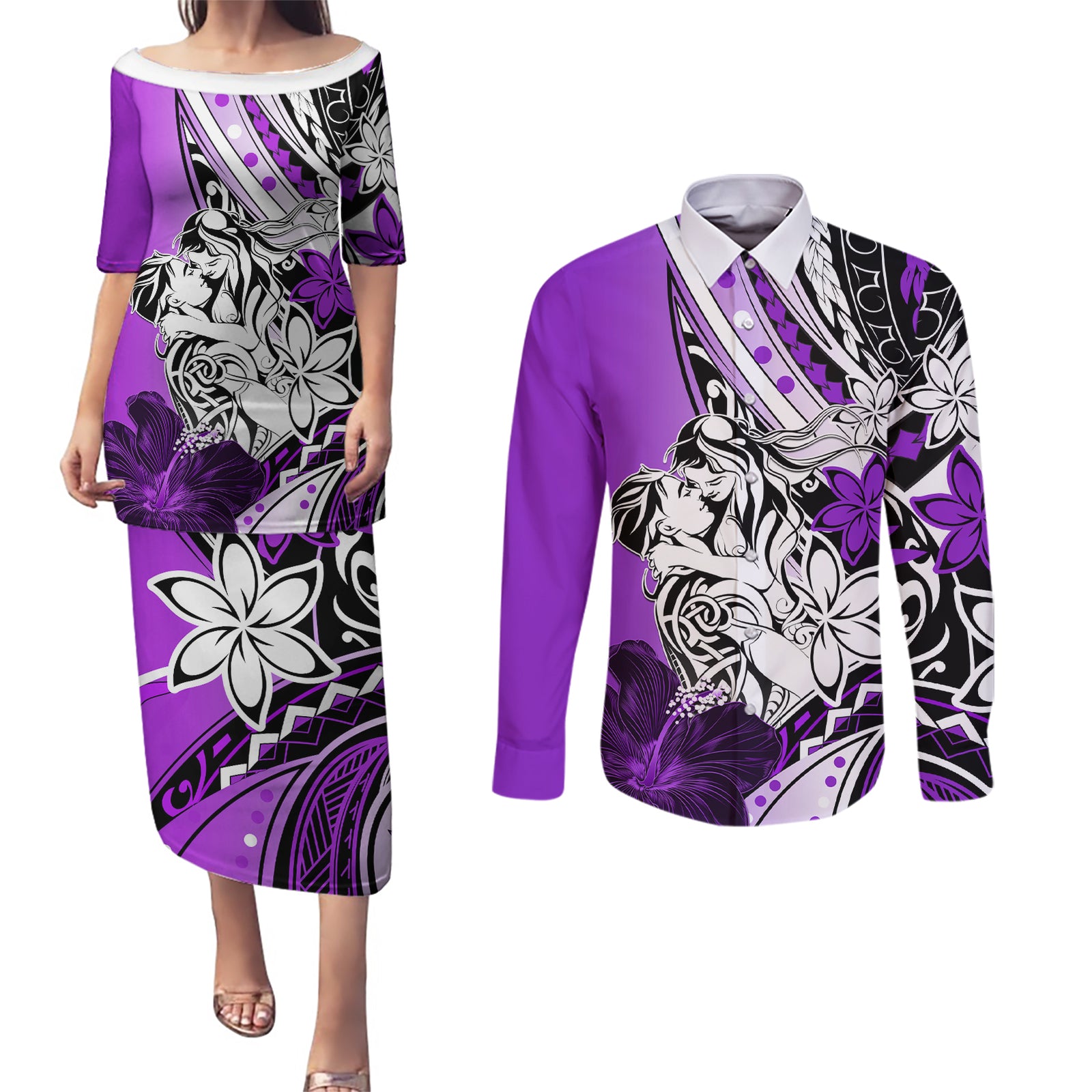 Polynesian Valentine Couples Matching Puletasi and Long Sleeve Button Shirt Couple Floral Unique Purple Version LT01 Purple - Polynesian Pride