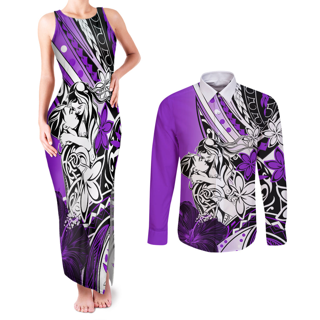 Polynesian Valentine Couples Matching Tank Maxi Dress and Long Sleeve Button Shirt Couple Floral Unique Purple Version LT01 Purple - Polynesian Pride