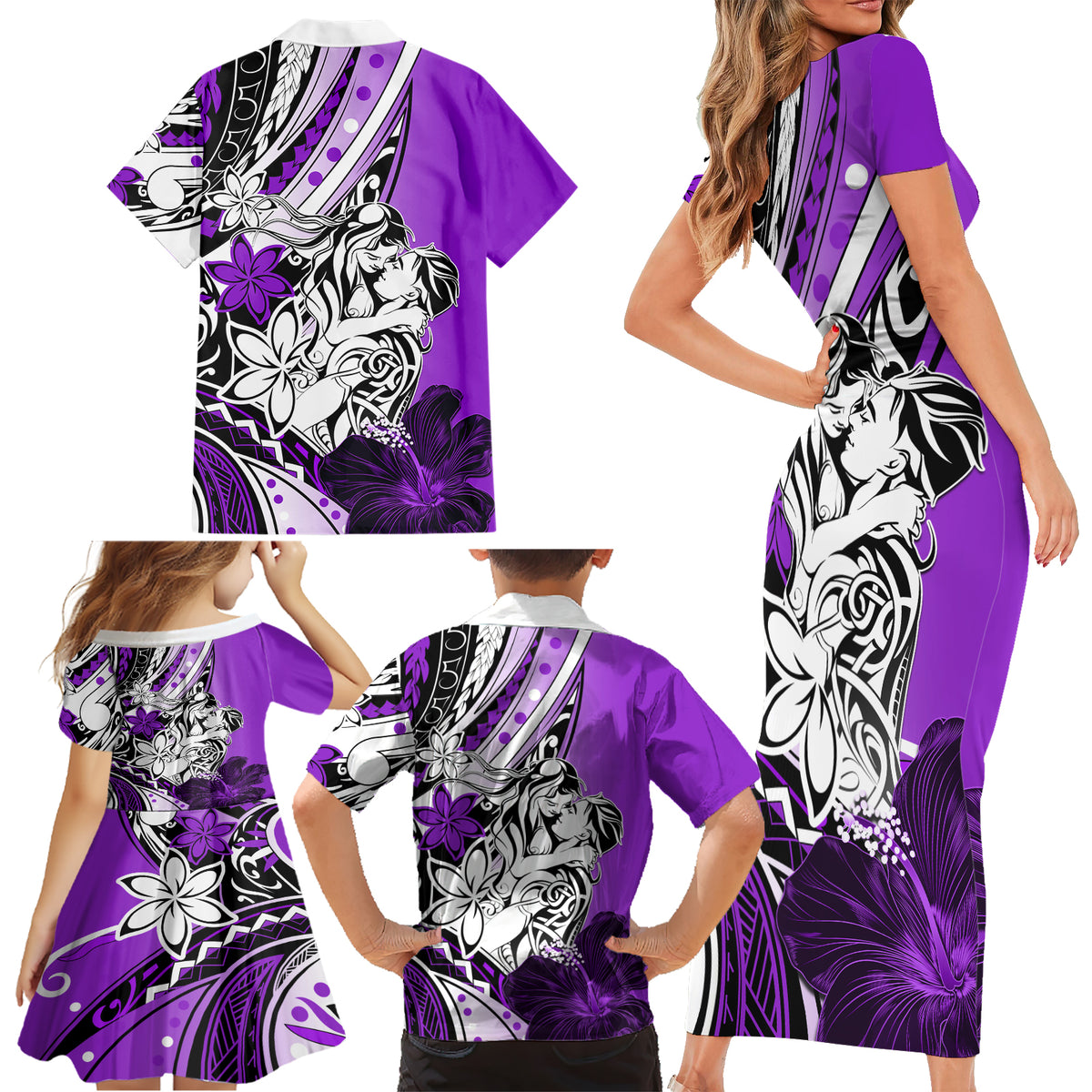 Polynesian Valentine Family Matching Short Sleeve Bodycon Dress and Hawaiian Shirt Couple Floral Unique Purple Version LT01 - Polynesian Pride
