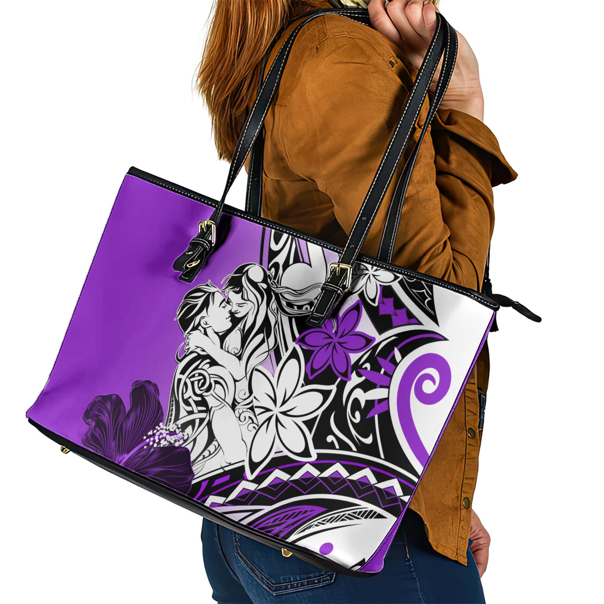 Polynesian Valentine Leather Tote Bag Couple Floral Unique Purple Version LT01 - Polynesian Pride