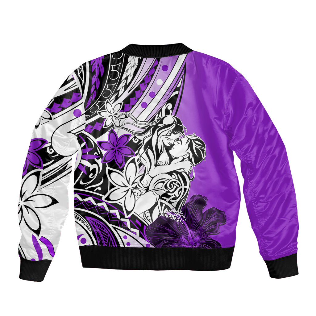 Polynesian Valentine Sleeve Zip Bomber Jacket Couple Floral Unique Purple Version LT01 - Polynesian Pride