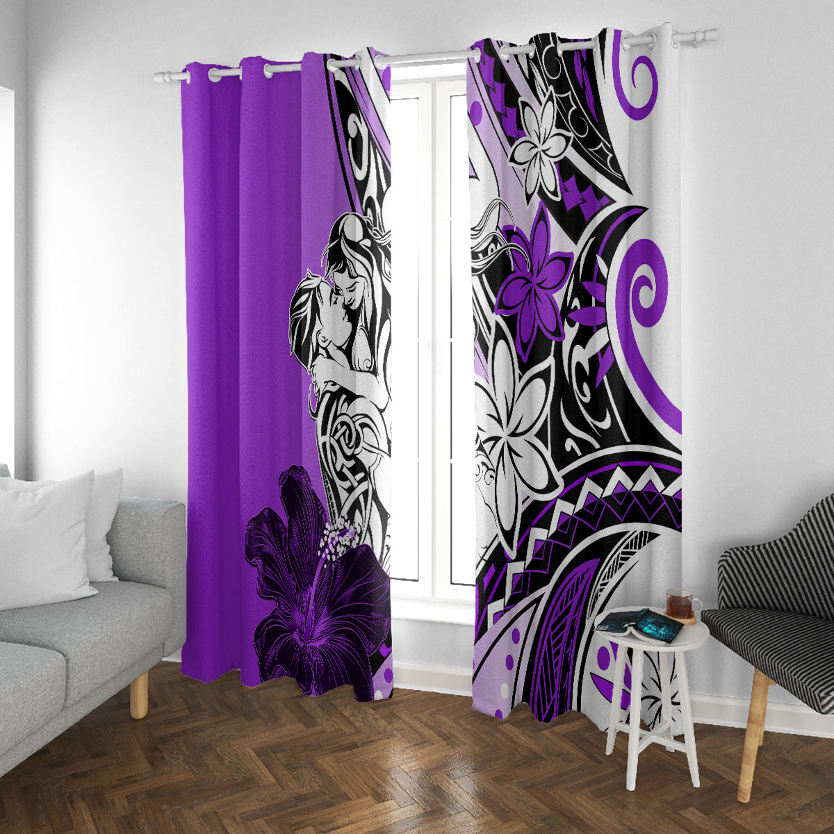 Polynesian Valentine Window Curtain Couple Floral Unique Purple Version LT01 With Grommets Purple - Polynesian Pride