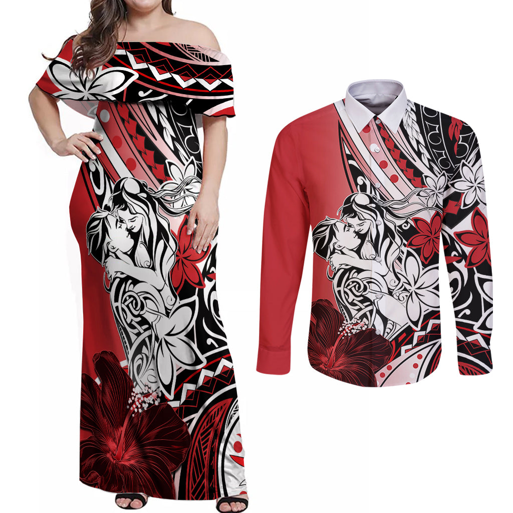 Polynesian Valentine Couples Matching Off Shoulder Maxi Dress and Long Sleeve Button Shirt Couple Floral Unique Red Version LT01 Red - Polynesian Pride