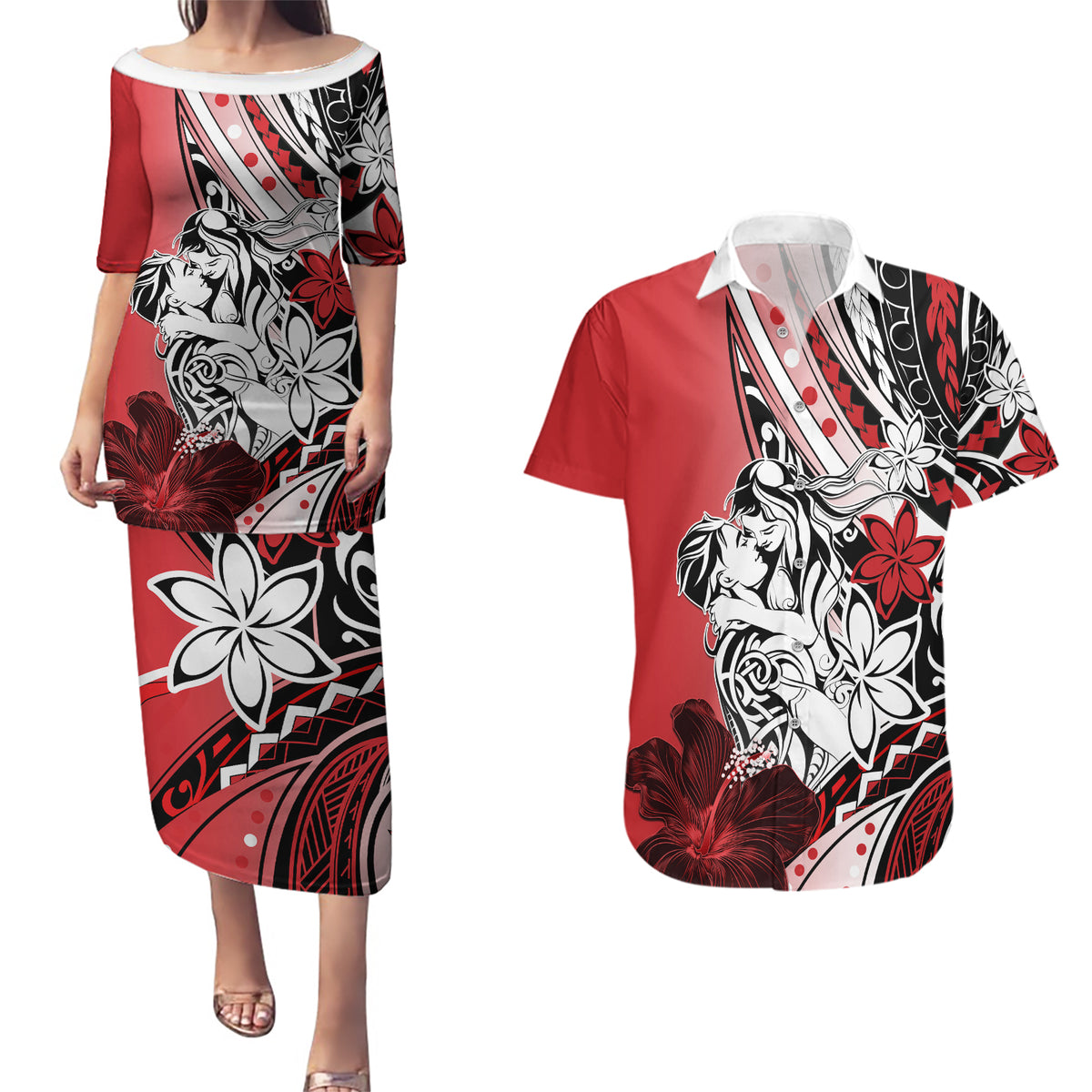 Polynesian Valentine Couples Matching Puletasi and Hawaiian Shirt Couple Floral Unique Red Version LT01 Red - Polynesian Pride
