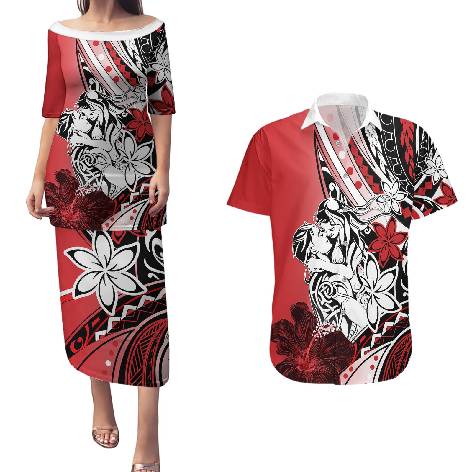 Polynesian Valentine Couples Matching Puletasi and Hawaiian Shirt Couple Floral Unique Red Version LT01 Red - Polynesian Pride