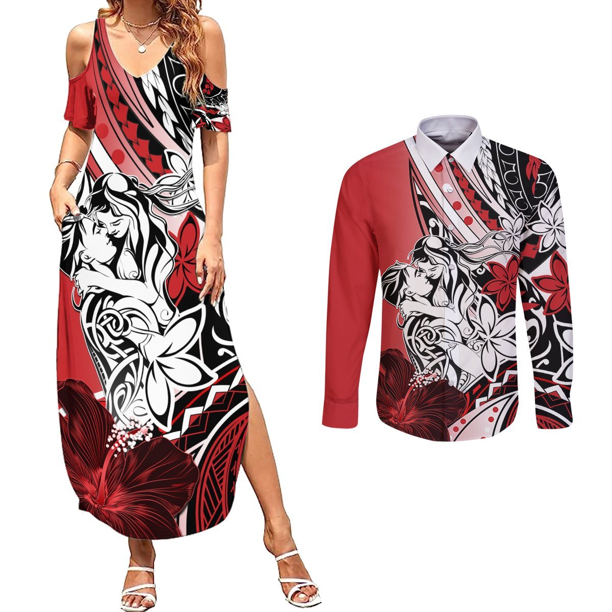 Polynesian Valentine Couples Matching Summer Maxi Dress and Long Sleeve Button Shirt Couple Floral Unique Red Version LT01 Red - Polynesian Pride