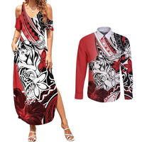 Polynesian Valentine Couples Matching Summer Maxi Dress and Long Sleeve Button Shirt Couple Floral Unique Red Version LT01 Red - Polynesian Pride