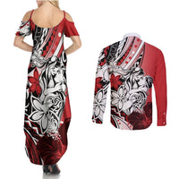 Polynesian Valentine Couples Matching Summer Maxi Dress and Long Sleeve Button Shirt Couple Floral Unique Red Version LT01 - Polynesian Pride