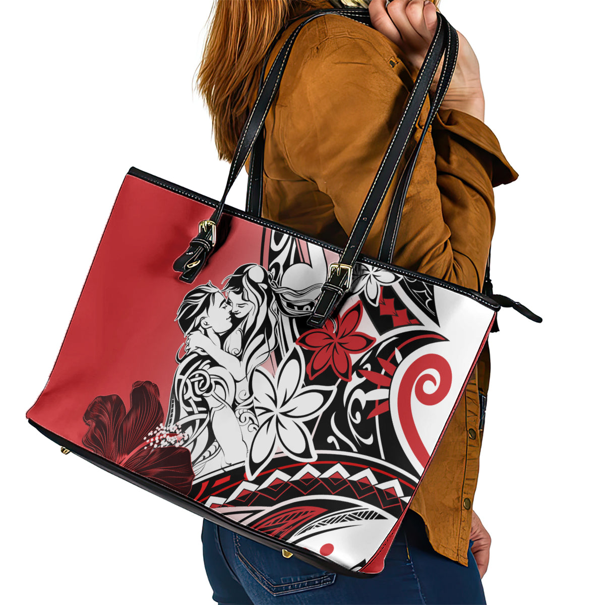 Polynesian Valentine Leather Tote Bag Couple Floral Unique Red Version LT01 - Polynesian Pride