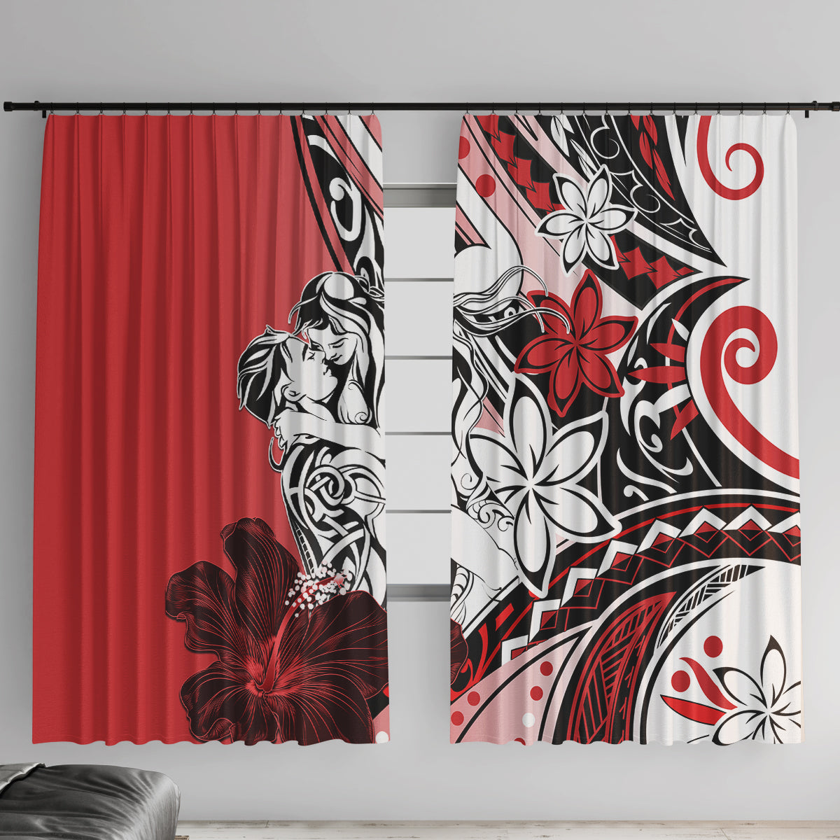 Polynesian Valentine Window Curtain Couple Floral Unique Red Version LT01 With Hooks Red - Polynesian Pride