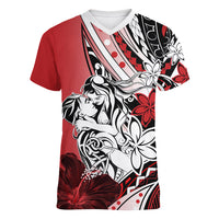 Polynesian Valentine Women V Neck T Shirt Couple Floral Unique Red Version LT01 Female Red - Polynesian Pride