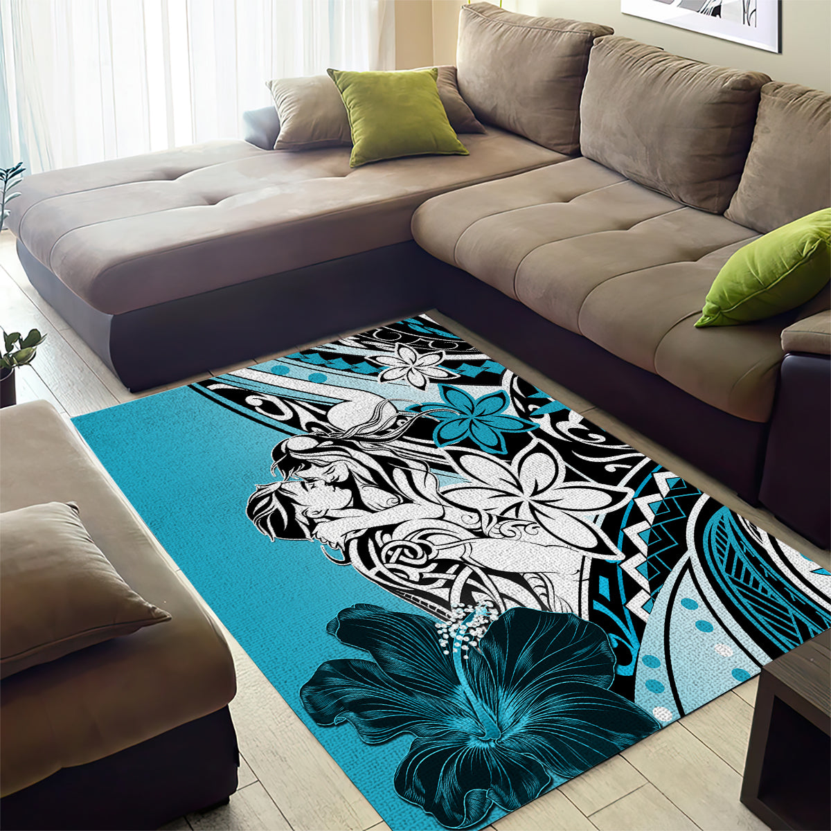 Polynesian Valentine Area Rug Couple Floral Unique Sky Blue Version LT01 - Polynesian Pride