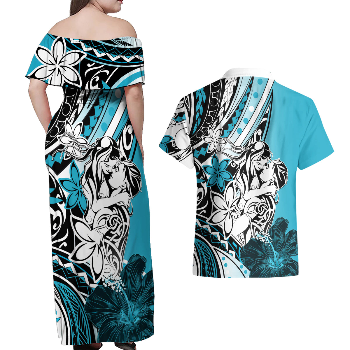 Polynesian Valentine Couples Matching Off Shoulder Maxi Dress and Hawaiian Shirt Couple Floral Unique Sky Blue Version LT01 - Polynesian Pride
