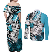 Polynesian Valentine Couples Matching Off Shoulder Maxi Dress and Long Sleeve Button Shirt Couple Floral Unique Sky Blue Version LT01 - Polynesian Pride